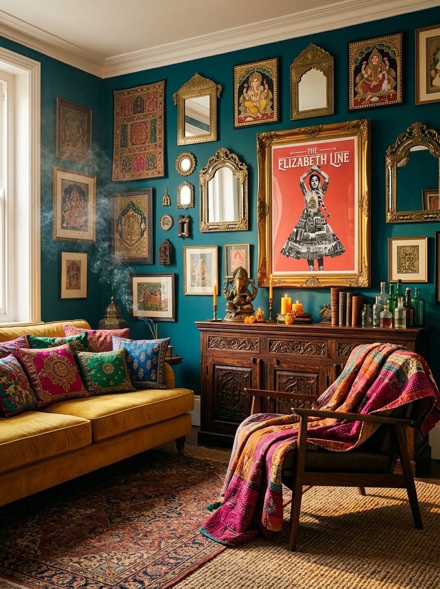 Indian maximalist living room with teal gallery wall, Bollywood-style poster, brass Ganesh, colourful Kantha throws and silk cushions